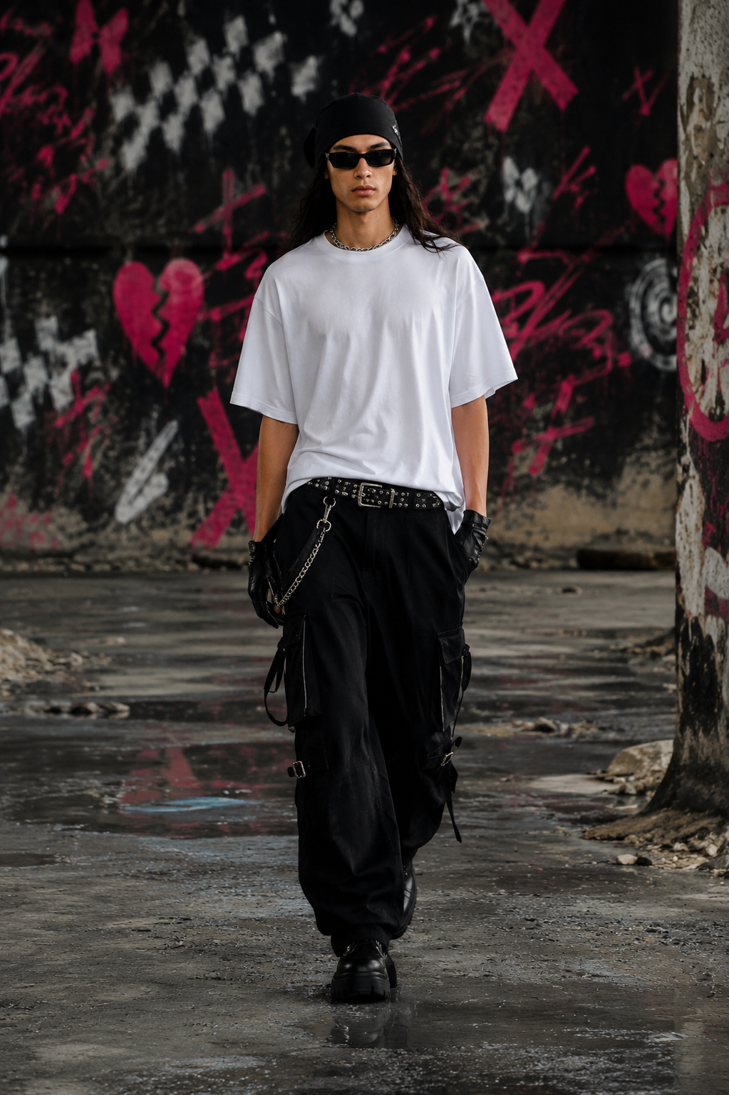 Modelo usando remera blanca Fatal en una locación urbana