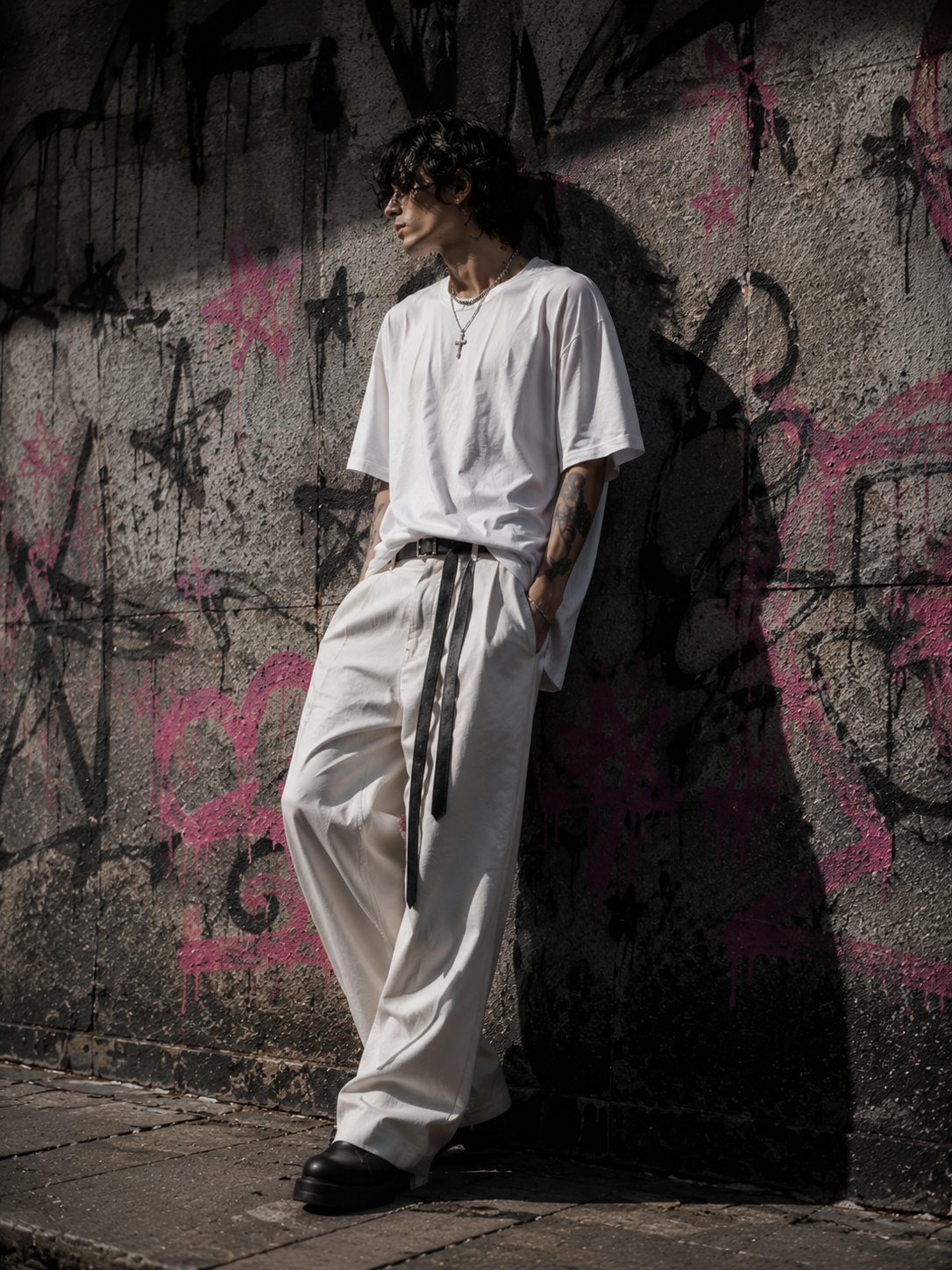 Modelo usando conjunto claro Fatal junto a una pared grafiteada